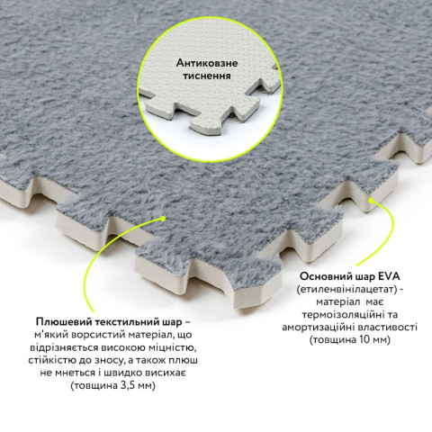 Підлога-пазл плюшевий 60х60х1см Світло-сірий (D) SW-00002081