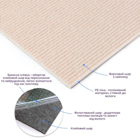 Самоклеюча плитка під ковролін молочний 300х300х4,5мм SW-00002482