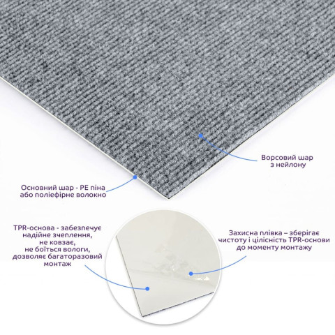 Плитка ковролінова з TPR основою багаторазова сіра 600х600х4мм SW-00002800